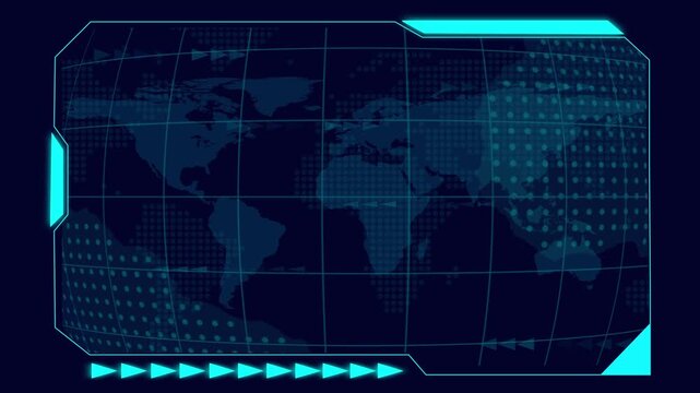 Cybernetic interface displaying a futuristic world map with data grid overlay