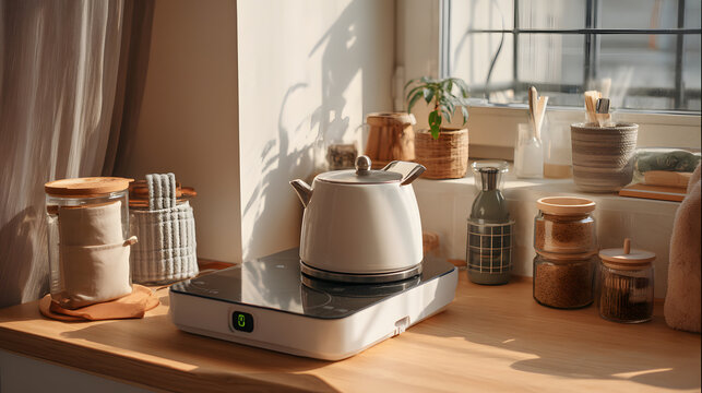 Vintage electric kettle on induction hotplate in sunlit compact kitchen with jars and woven containers