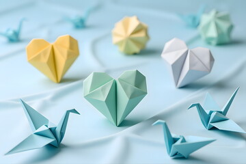 Obraz premium Origami Hearts and Cranes on Light Blue Fabric