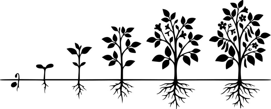 Plant growth stages depicted in a minimalist black silhouette &ndash; Black Vector Illustration