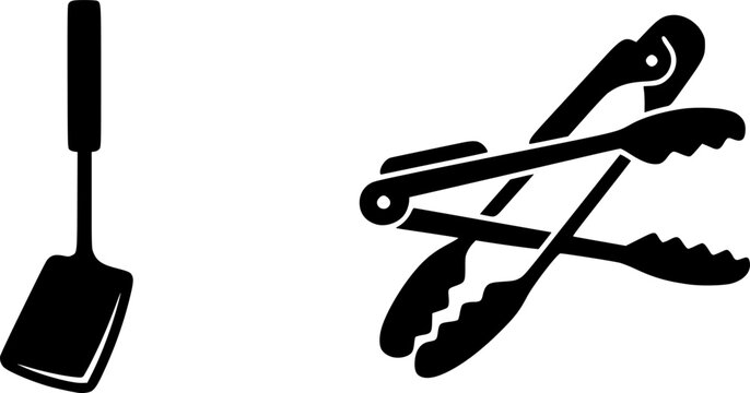 Cooking tools icon set featuring simple black silhouettes of a spatula and kitchen tongs &ndash; Black and White Vector Illustration