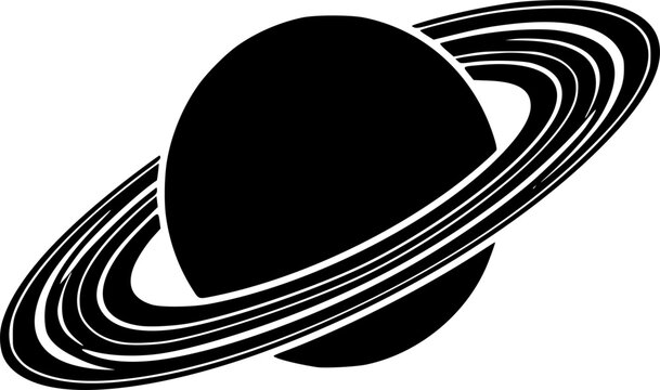 Saturn planet icon featuring a simple black silhouette with prominent rings for astronomy and space design &ndash; Black and White Vector Illustration