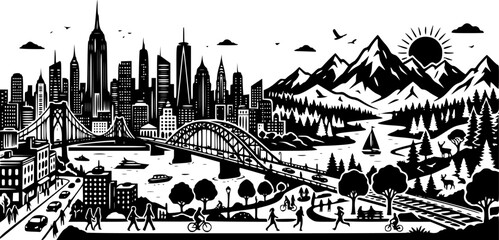Fototapeta premium Diverse city and nature scenes presented as a striking silhouette – Black Vector Illustration