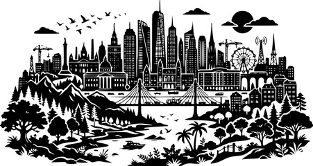 Obraz premium Diverse city and nature scenes presented as a striking silhouette – Black Vector Illustration