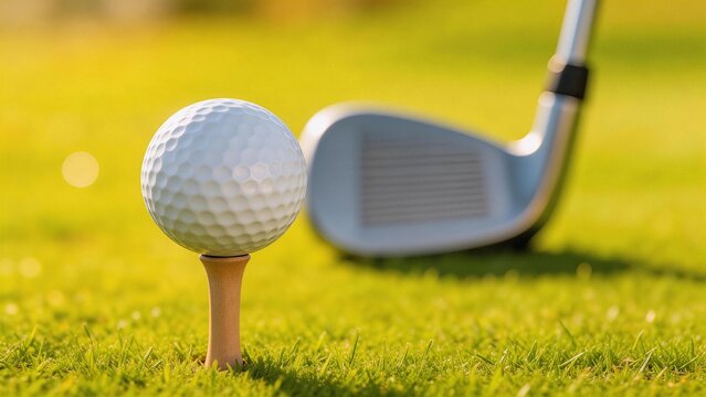 Golf ball on tee with club in background
