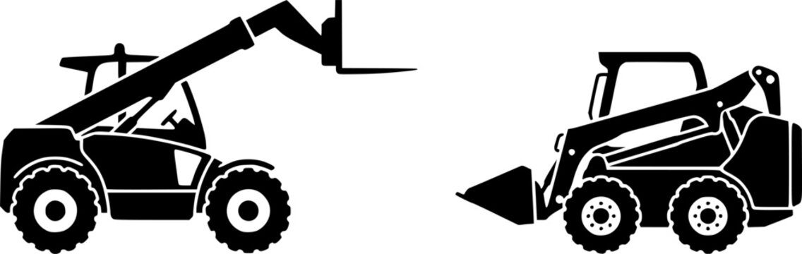 Heavy equipment icon set featuring simple black silhouettes of a telehandler and skid steer loader for industrial construction &ndash; Black and White Vector Illustration