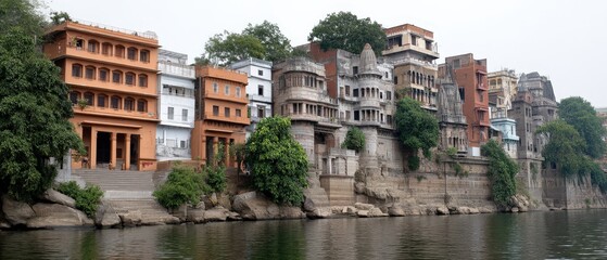 Fototapeta premium The scene shows a lively riverside setting with various buildings, rocks, and trees under a clear sky, enhancing the natural beauty
