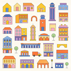 Fototapeta premium Collection of colorful, stylized flat design houses and buildings, including a lighthouse, archway, and truck, creating a charming urban architectural cityscape illustration