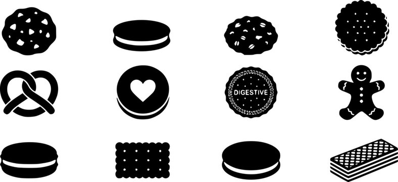 A collection of different black and white cookie designs in a layout &ndash; Black Vector Illustration
