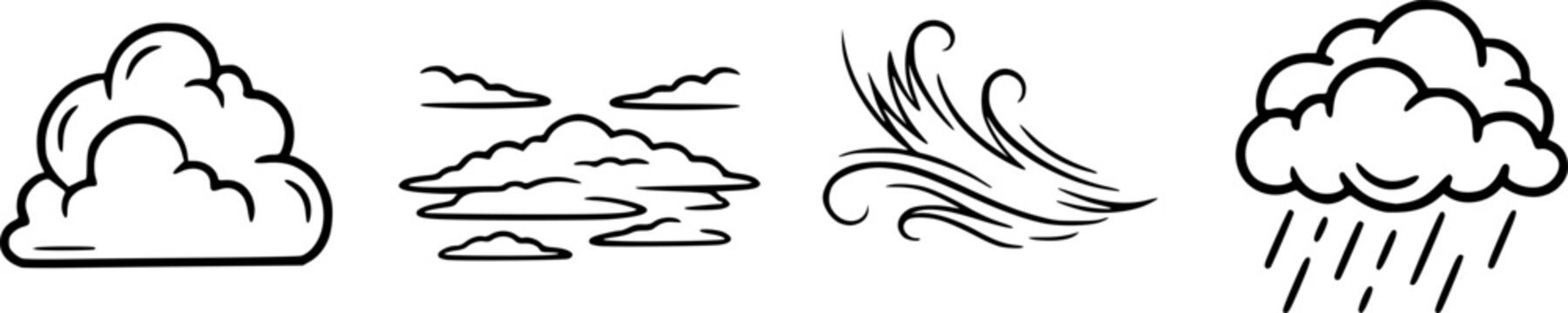 Weather and meteorology icon set featuring simple black line art silhouettes of cumulus, stratus, cirrus, and nimbus clouds &ndash; Black and White Vector Illustration
