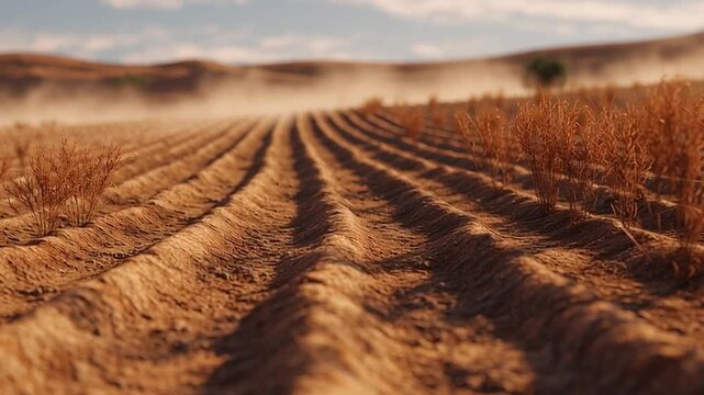 Dry, cracked soil stretches across a field with furrows. Dust clouds rise in the background as the land suffers from a lack of water and agricultural activity.