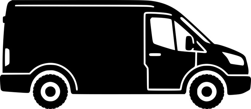 Utility delivery vehicle icon featuring a simple black silhouette of a cargo van &ndash; Black and White Vector Illustration