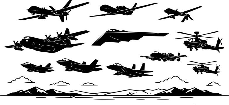 Military aviation and defense icon set featuring simple black silhouettes of unmanned aerial vehicles and fighter jets &ndash; Black and White Vector Illustration
