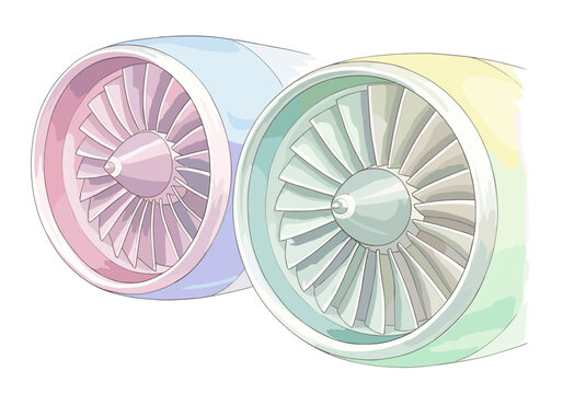 Close-up illustration of two colorful jet engines with visible fan blades