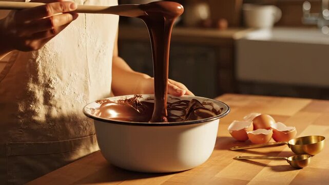 Person stirs melted chocolate in bowl using wooden spoon for baking. Baker mixes chocolate in kitchen with eggshell nearby. Cook stirs chocolate mixture in bowl. Melted chocolate flows while stirring.