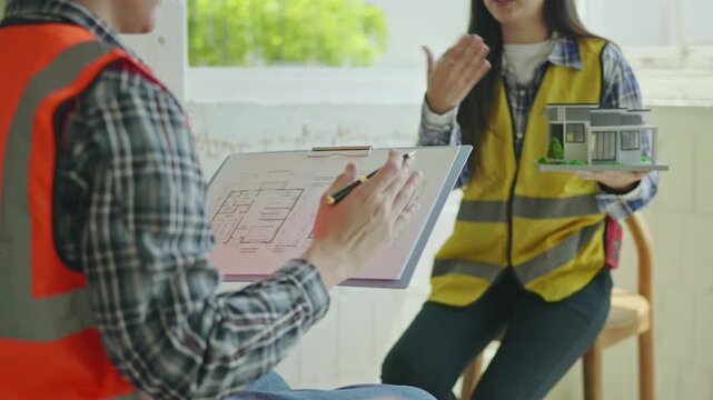 Architect and engineer working brainstorming and measuring for cost estimating on paperworks and floor plan drawings about design architectural and engineering for houses and buildings.
