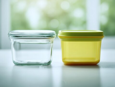 two food containers side by side on kitchen surface, one made of glass and one of plastic