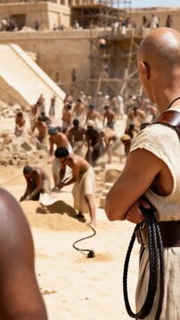 Egyptian overseer holding a whip looking at workers. Bald slave driver guarding labor process in ancient Egypt. Historical reenactment concept