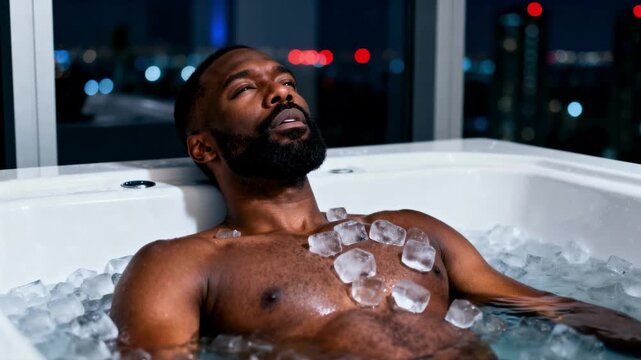African american man relaxing in an ice bath. Black male athlete taking cold water immersion therapy for muscle recovery. Cryotherapy and biohacking concept with bokeh background
