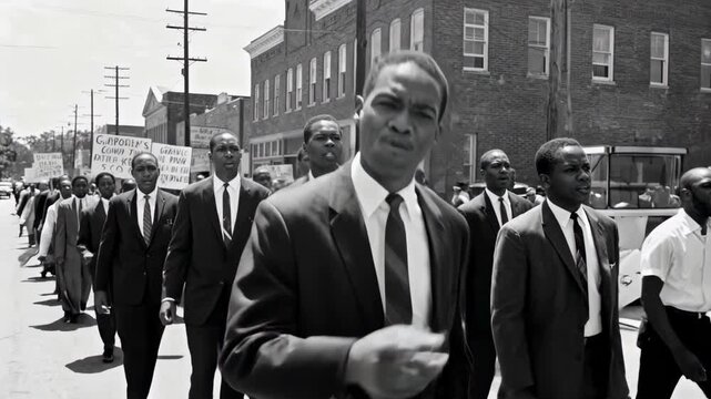 African american men marching in a civil rights protest. Black and white retro style footage of activists walking and singing on the street. Historical demonstration concept