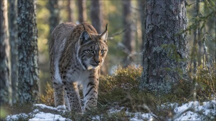 Obraz premium A Rare Moment of a Lynx Walking Through a Dense Coniferous Forest with Snow on the Ground