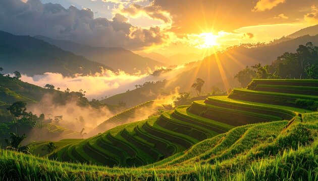 Beautiful Sunrise over Green Rice Terraces in Tropical Mountains, Golden Sun Rays Shining through Morning Mist and Fog, Lush Agricultural Landscape of Farmland Hills and Countryside