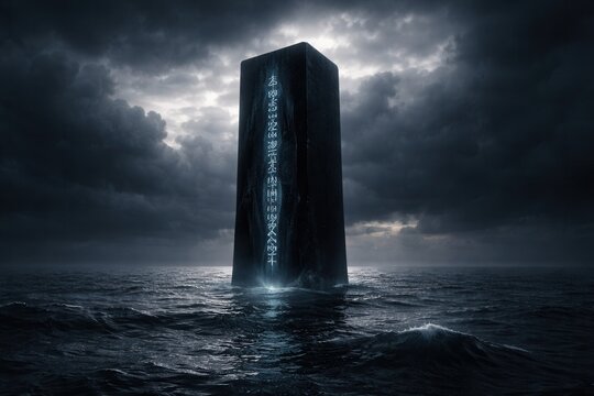 Dark monolith rising from stormy ocean with glowing ancient runes under dramatic cloudy sky