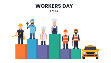 Obraz premium Workers' Day: Celebrating the diverse roles and contributions of workers, with various professions standing proudly on vibrant platforms.