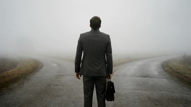 Businessman holding a briefcase standing at a foggy crossroads. Man in suit facing a fork in the road. Business decision and uncertain future concept