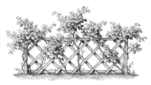 Garden trellis with climbing roses in vintage engraving sketch style isolated on white background