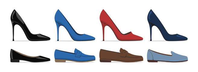 Obraz premium Elegant high heel shoes and smart loafers for women in various colors including black blue red and brown