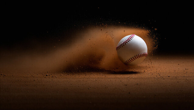 Dynamic baseball hitting infield dirt, creating a dust cloud on a dark background