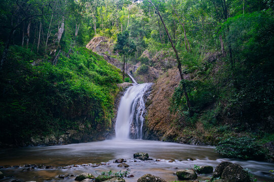 Jae son Waterfall, nestled in the lush greenery of the rainy season, is located in Jaeson National Park, Lampang Province, Thailand.
