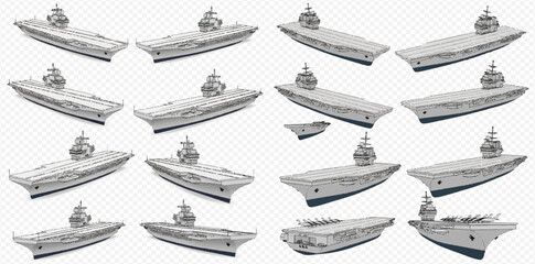Collection of isolated aircraft carriers, military warships for naval defense and power projection, presented from various angles on a transparent background. © Heri