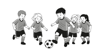 Happy group of children playing soccer together, kids in sports uniform kicking ball, cartoon vector illustration in black and white.
