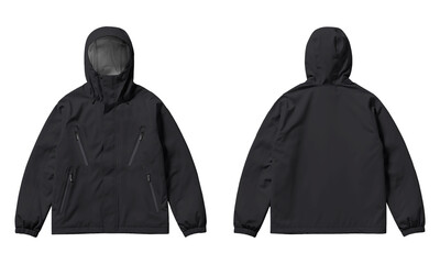 Black waterproof windbreaker jacket with hood front and back view isolated on white © Textures Background