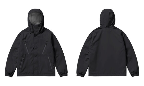 Black waterproof windbreaker jacket with hood front and back view isolated on white