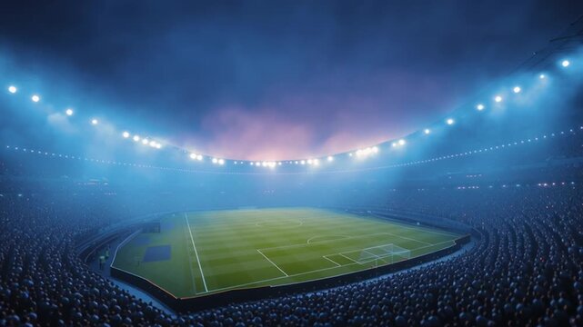 Fans fill the stands, eagerly waiting for the football match to start. Bright lights illuminate the field as the atmosphere builds in the stadium during evening hours.