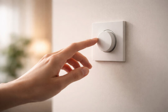 Hand gently adjusts modern light dimmer switch in cozy workspace, enhancing sensory experience of environment
