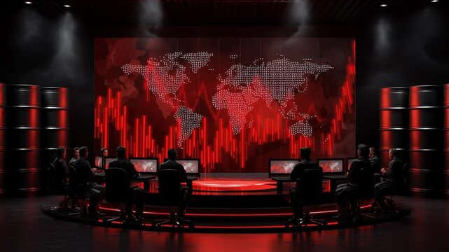 A group of people sit around a circular table in a dimly lit room. They focus on multiple screens displaying market data and a world map. Red light sets an intense mood.