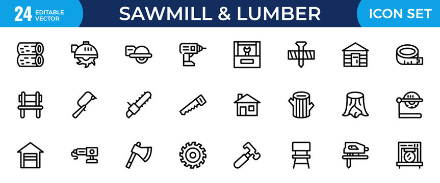 Sawmill and Lumber Industry Line Icon Set &ndash; Woodcutting, Timber Processing and Forestry Outline Vector Icons, Editable Stroke, Pixel Perfect