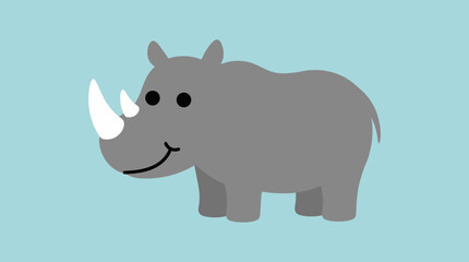 Obraz premium A cute, smiling cartoon grey rhinoceros with a white horn on a light blue background.