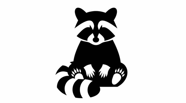 Stylized black and white illustration of a sitting raccoon with its distinctive masked face and striped tail.