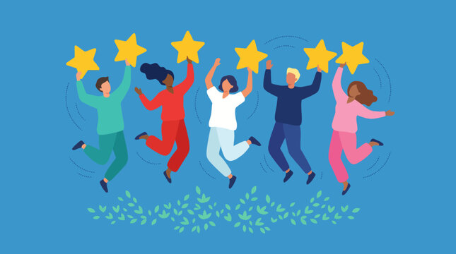 Diverse group of five happy people jumping and holding golden stars, symbolizing excellent rating, customer satisfaction, or success.