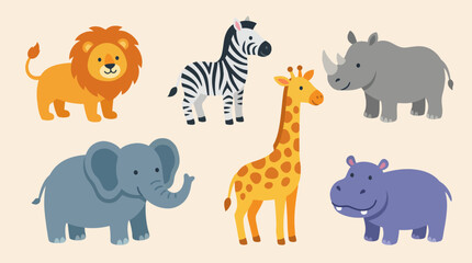 Fototapeta premium A collection of six cute cartoon safari animals including a lion, zebra, rhinoceros, elephant, giraffe, and hippopotamus on a light background.