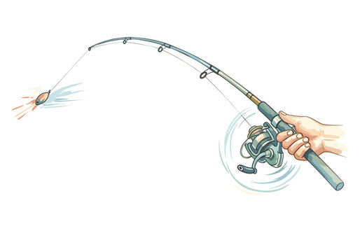 Hand holding fishing rod with spinning reel and lure in water