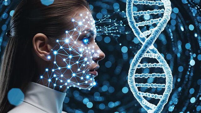 Woman with digital face network and DNA helix