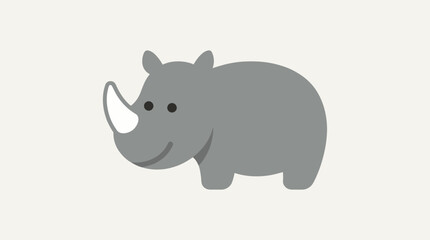 Obraz premium Simple flat design illustration of a grey rhino with a white horn and a happy expression on a plain background.