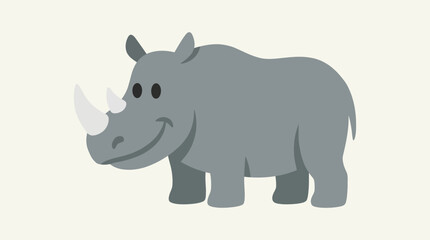 Obraz premium A friendly cartoon grey rhinoceros with a white horn and a smiling face stands against a plain light background.