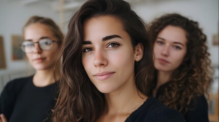 Fototapeta premium Three young women posing in an indoor studio setting with a focus on the central figure